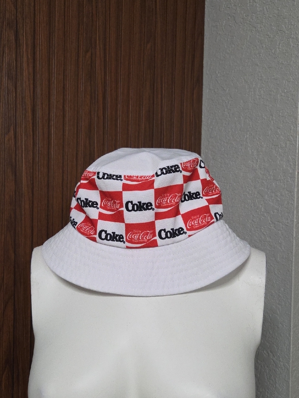 Coca-Cola White Bucket Hat with Red Checkerboard Logo Band Unisex One Size